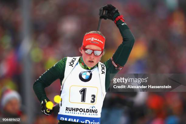 Franziska Hildebrand of Germany competes at the women's 6km relay competition during the IBU Biathlon World Cup at Chiemgau Arena on January 13, 2018...