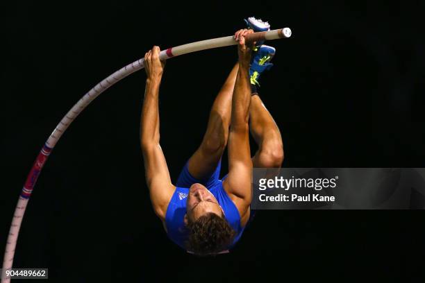Kurtis Marschall competes in the men's pole vault during the Jandakot Airport Perth Track Classic at WA Athletics Stadium on January 13, 2018 in...