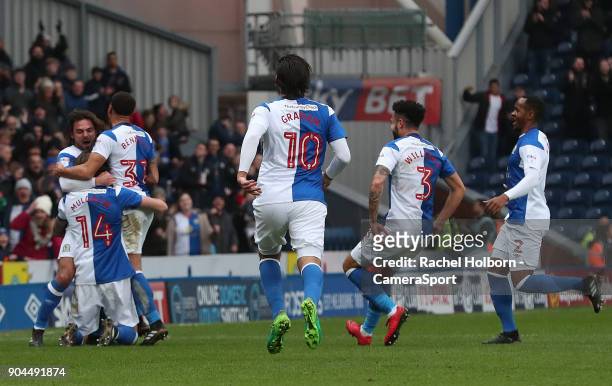Blackburn Rovers' Charlie Mulgrew celebrates scoring his side's first goal during the Sky Bet League One match between Blackburn Rovers and...