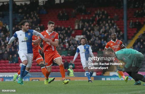 Blackburn Rovers' Danny Graham has a shot at goal saved during the Sky Bet League One match between Blackburn Rovers and Shrewsbury Town at Ewood...