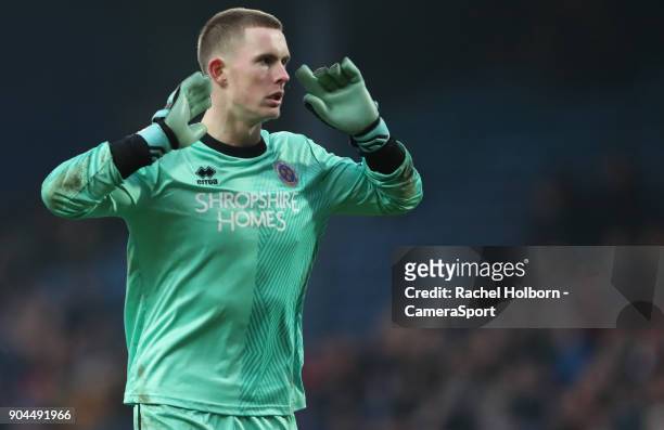 Shrewsbury Town's Dean Henderson celebrates his team scoring the equaliser to make it 1-1 during the Sky Bet League One match between Blackburn...