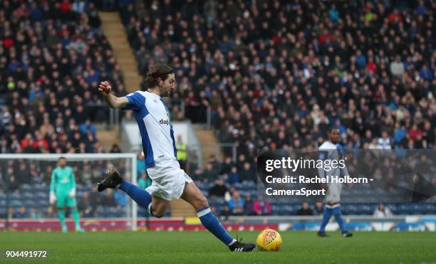 Blackburn Rovers' Charlie Mulgrew scores his side's first goal during the Sky Bet League One match between Blackburn Rovers and Shrewsbury Town at...