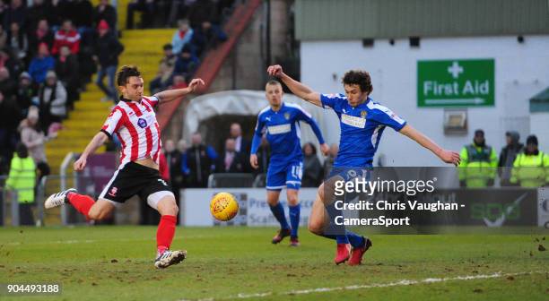 Lincoln City's Lee Frecklington scores his sides equalising goal to make the score 1-1 during the Sky Bet League Two match between Lincoln City and...
