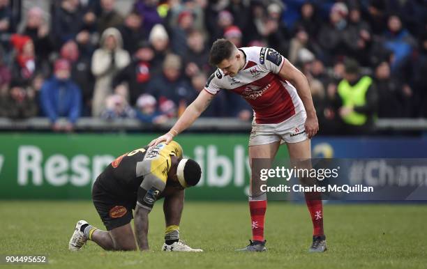 Jacob Stockdale of Ulster consoles Botia Veivuke of La Rochelle during the European Rugby Champions Cup match between Ulster Rugby and La Rochelle at...