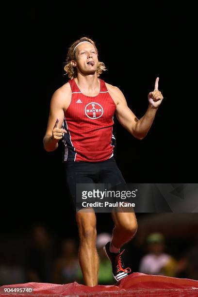 Tobias Scherbath of Germany celebrates a successful vault in the men's pole vault during the Jandakot Airport Perth Track Classic at WA Athletics...