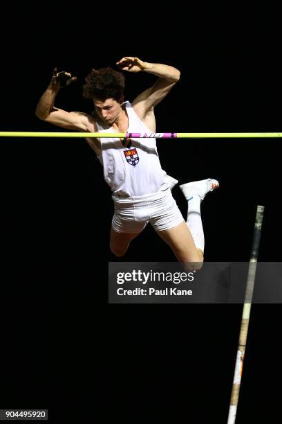 Angus Armstrong competes in the men's pole vault during the Jandakot Airport Perth Track Classic at WA Athletics Stadium on January 13, 2018 in...