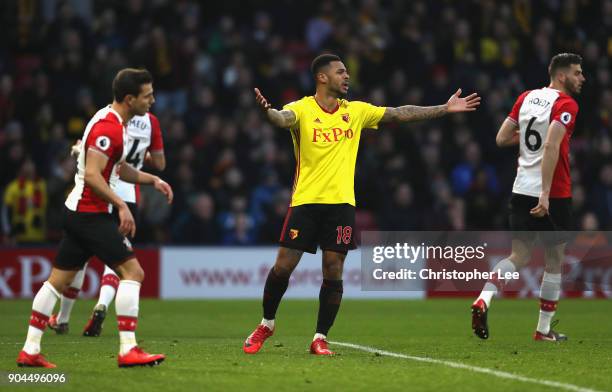 Andre Gray of Watford reacts during the Premier League match between Watford and Southampton at Vicarage Road on January 13, 2018 in Watford, England.