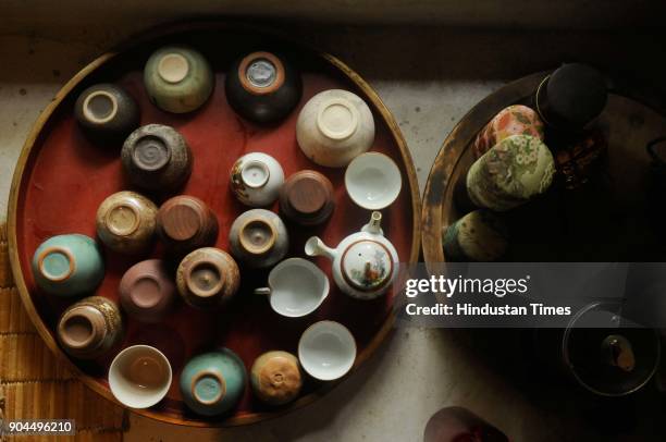 Traditional Japanese tea accessories in a Japanese house-cum-studio at Purbapally in Santiniketan, Birbhum dist, on January 8, 2018 in Kolkata,...