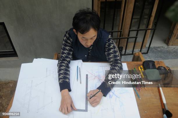 Japanese Kengo Sato at work at Japanese house-cum-studio to commemorate the centenary of Poet Rabindranath Tagore's first visit to Japan, at...