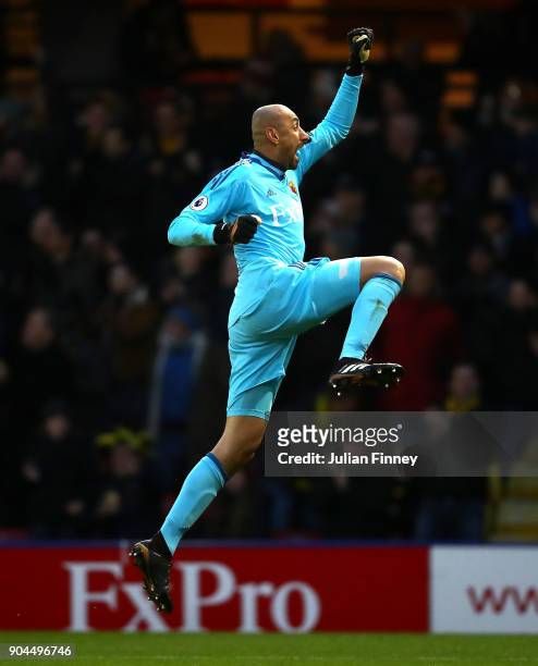 Heurelho Gomes of Watford celebrates his sides first goal during the Premier League match between Watford and Southampton at Vicarage Road on January...