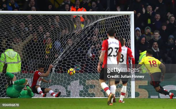 Andre Gray of Watford scores his sides first goal during the Premier League match between Watford and Southampton at Vicarage Road on January 13,...