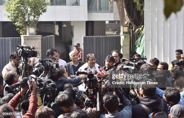 Former finance Minister P. Chidambaram interacts with media person after Enforcement Directorate conducted a raid, at his residence, on January 13,...