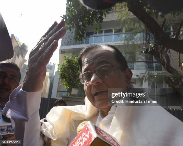 Former finance Minister P. Chidambaram interacts with media person after Enforcement Directorate conducted a raid, at his residence, on January 13,...