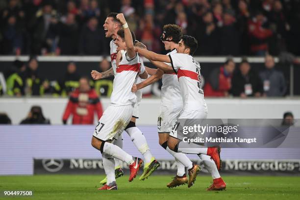 Mario Gomez of Stuttgart celebrates after Niklas Stark of Berlin scored an own goal to make it 1:0 during the Bundesliga match between VfB Stuttgart...