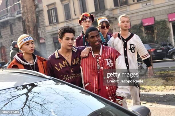 Rafferty Law, Christian Combs and Austin Mahone are seen on the set of the Dolce&Gabbana Advertising Campaign during Milan Men's Fashion Week...