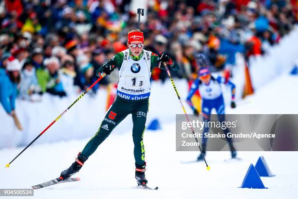 Franziska Hildebrand of Germany takes 1st place during the IBU Biathlon World Cup Women's Relay on January 13, 2018 in Ruhpolding, Germany.