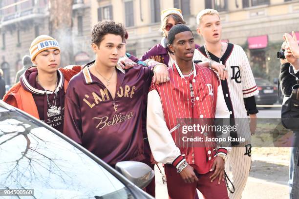 Rafferty Law, Christian Combs and Austin Mahone are seen on the set of the Dolce&Gabbana Advertising Campaign during Milan Men's Fashion Week...