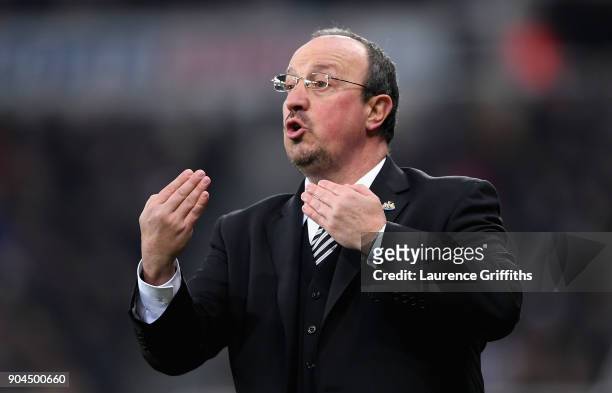 Rafael Benitez, Manager of Newcastle United gives his team instructions during the Premier League match between Newcastle United and Swansea City at...
