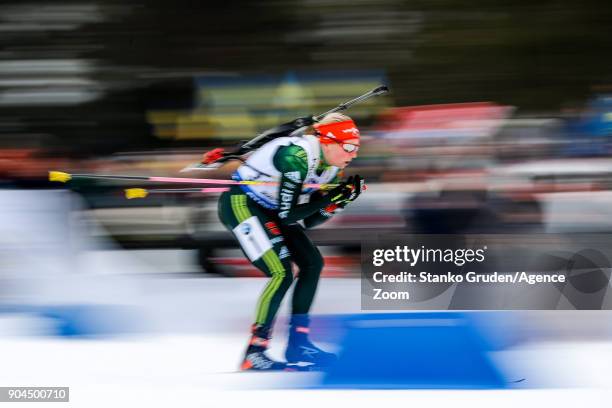 Franziska Hildebrand of Germany takes 1st place during the IBU Biathlon World Cup Women's Relay on January 13, 2018 in Ruhpolding, Germany.