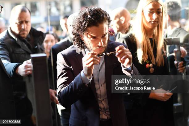 Kit Harington is seen arriving at Dolce Gabbana Fashion Show during Milan Men's Fashion Week Fall/Winter 2018/19 on January 13, 2018 in Milan, Italy.