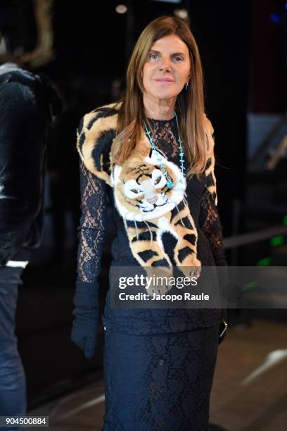 Anna Dello Russo is seen arriving at Dolce Gabbana Fashion Show during Milan Men's Fashion Week Fall/Winter 2018/19 on January 13, 2018 in Milan,...