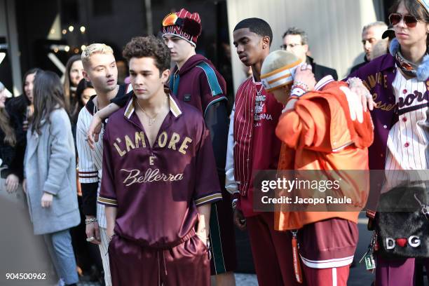 Rafferty Law, Christian Combs and Austin Mahone are seen on the set of the Dolce&Gabbana Advertising Campaign during Milan Men's Fashion Week...