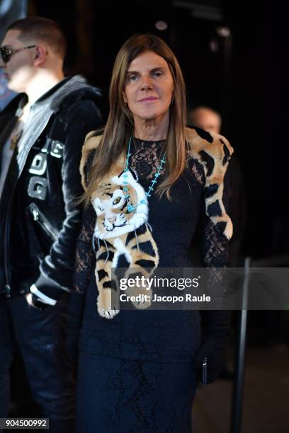 Anna Dello Russo is seen arriving at Dolce Gabbana Fashion Show during Milan Men's Fashion Week Fall/Winter 2018/19 on January 13, 2018 in Milan,...