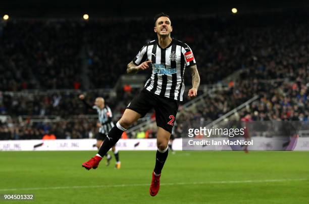 Joselu of Newcastle United celebrates after scoring his sides first goal during the Premier League match between Newcastle United and Swansea City at...