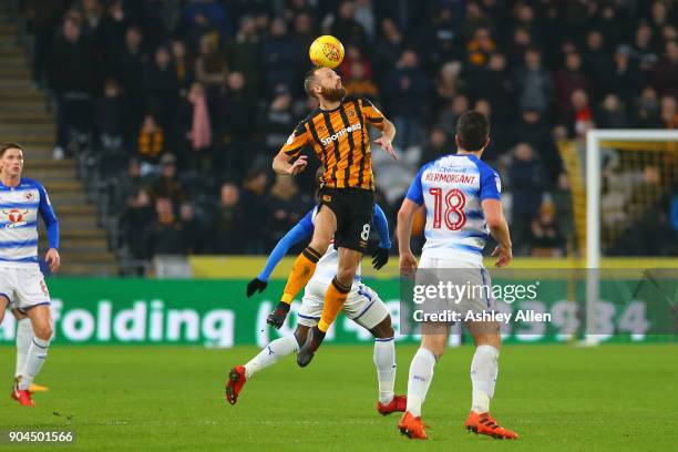 David Meyler of Hull City wins the ball during the Sky Bet Championship match between Hull City and Reading at KCOM Stadium on January 13, 2018 in...