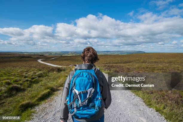 ireland, cavan county, cuilcagh mountain park, woman hiking along road - cavan images stock pictures, royalty-free photos & images