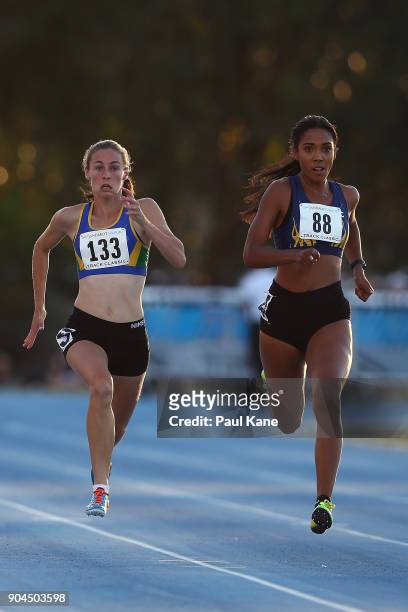 Sophie White and Brooke Pires-Parenzee compete in the women's 100 metre during the Jandakot Airport Perth Track Classic at WA Athletics Stadium on...