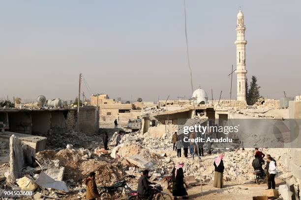 View of destroyed buildings after an airstrike at Khan al-Sabil village in Idlib, Syria on January 13, 2018. It is reported that 14 people were...