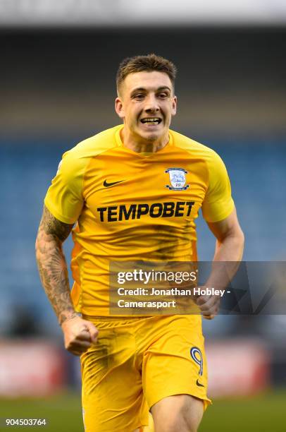 Preston's Jordan Hugill during the Sky Bet Championship match between Millwall and Preston North End at The Den on January 13, 2018 in London,...