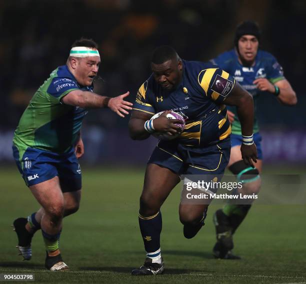 Bi Alo of Worcester Warriors makes a break during the European Rugby Challenge Cup match between Worcester Warriors and Connacht Rugby on January 13,...