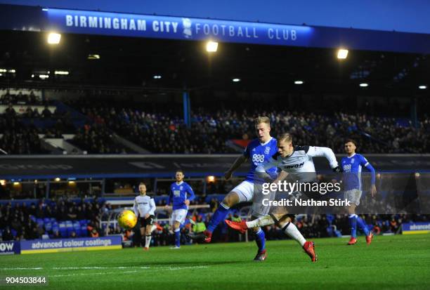 Matej Vydra of Derby County scores the second goal during the Sky Bet Championship match between Birmingham City and Derby County at St Andrews on...