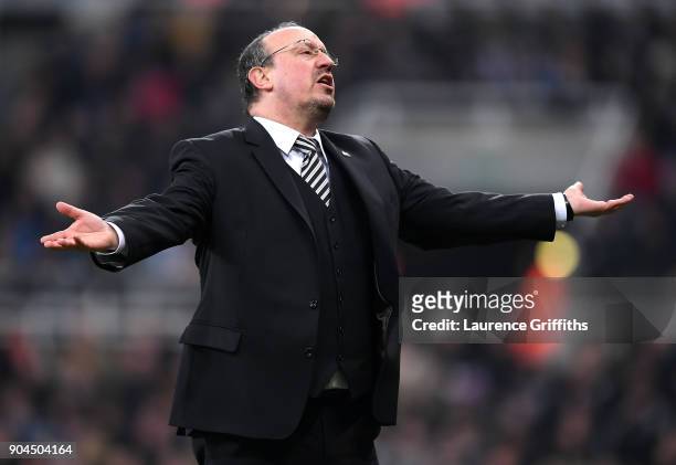 Rafael Benitez, Manager of Newcastle United reacts during the Premier League match between Newcastle United and Swansea City at St. James Park on...