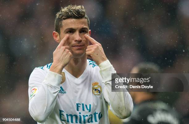 Cristiano Ronaldo of Real Madrid reacts during the La Liga match between Real Madrid and Villarreal at Estadio Santiago Bernabeu on January 13, 2018...