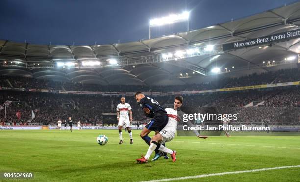 Davie Selke of Hertha BSC and Marcin Kaminski of VfB Stuttgart during the game between VfB Stuttgart and Hertha BSC on January 13, 2018 in Stuttgart,...