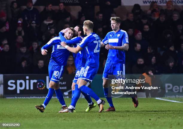 Notts County's Jorge Grant, left, celebrates scoring his sides equalising goal to make the score 2-2 during the Sky Bet League Two match between...
