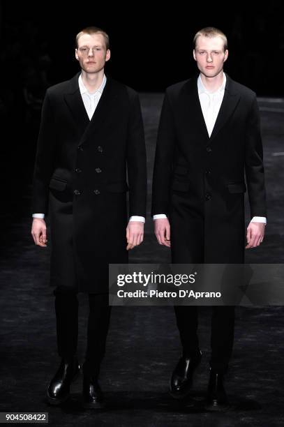 Models walk the runway at Neil Barrett show during Milan Men's Fashion Week Fall/Winter 2018/19 on January 13, 2018 in Milan, Italy.