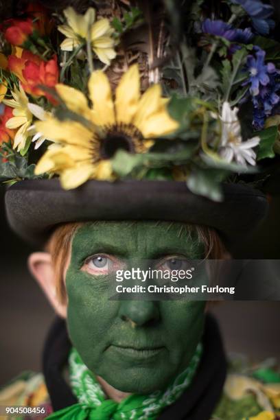 Heather Maitland, of the Bourne Borderers Morris Dancers, poses during the annual Whittlesea Straw Bear Festival parade on January 13, 2018 in...