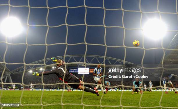 Manuel Lanzini of West Ham United scores his sides fourth goal during the Premier League match between Huddersfield Town and West Ham United at John...