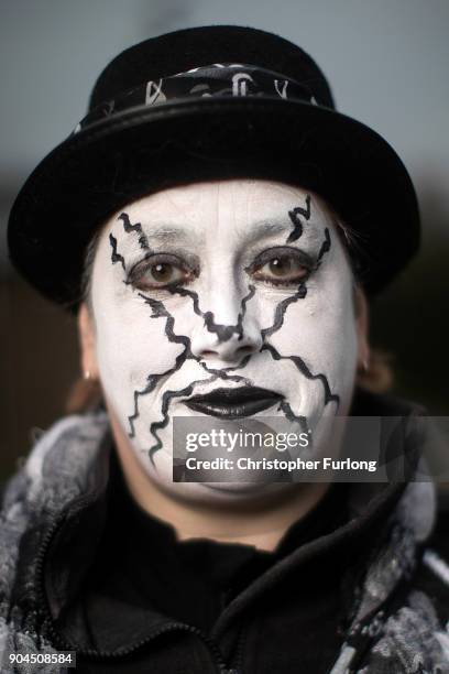 Pig Dyke Molly dancer Fiona Ward poses during the annual Whittlesea Straw Bear Festival parade on January 13, 2018 in Whittlesey, United Kingdom. The...