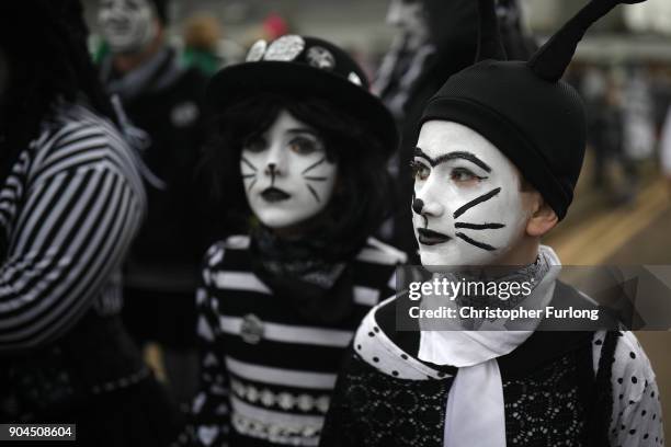 Pig Dyke Molly dancers arrive for the annual Whittlesea Straw Bear Festival parade on January 13, 2018 in Whittlesey, United Kingdom. The traditional...