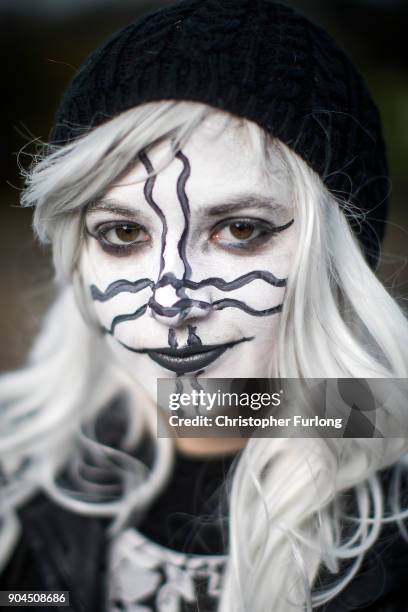 Pig Dyke Molly dancer Emily Ward, aged 14, poses during the annual Whittlesea Straw Bear Festival parade on January 13, 2018 in Whittlesey, United...