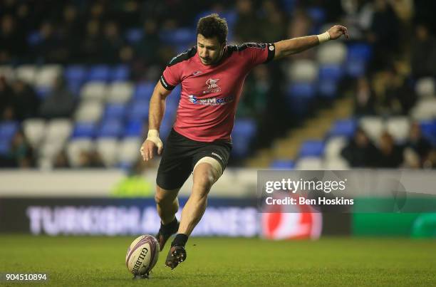 Lasha Malaguradze of Krasny Yar kicks a conversion during the European Rugby Challenge Cup between London Irish and Krasny Yar on January 13, 2018 in...