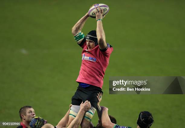 Andrei Mahu of Krasny Yar claims line out ball during the European Rugby Challenge Cup between London Irish and Krasny Yar on January 13, 2018 in...