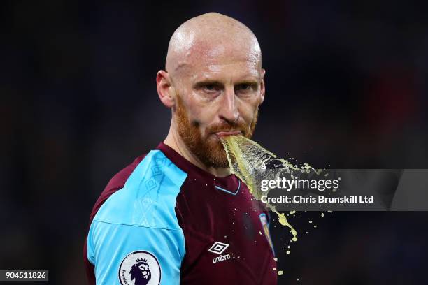 James Collins of West Ham United spits out his drink during the Premier League match between Huddersfield Town and West Ham United at John Smith's...