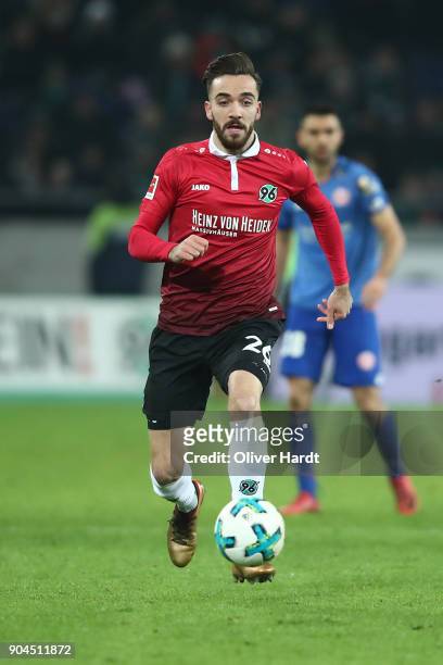 Kenan Karaman of Hannover in action during the Bundesliga match between Hannover 96 and 1. FSV Mainz 05 at HDI-Arena on January 13, 2018 in Hanover,...