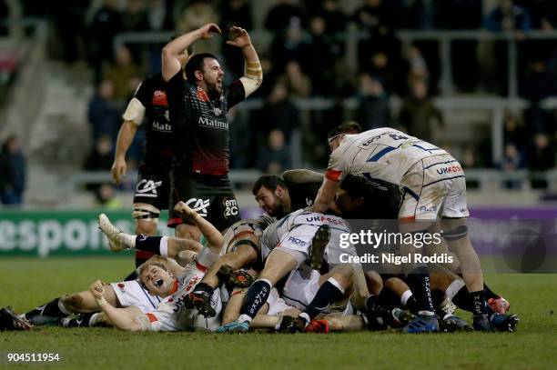 Players of Sale Sharks and Lyon react the European Rugby Challenge Cup match between Sale Sharks and Lyon at the AJB Stadium on January 13, 2018 in...